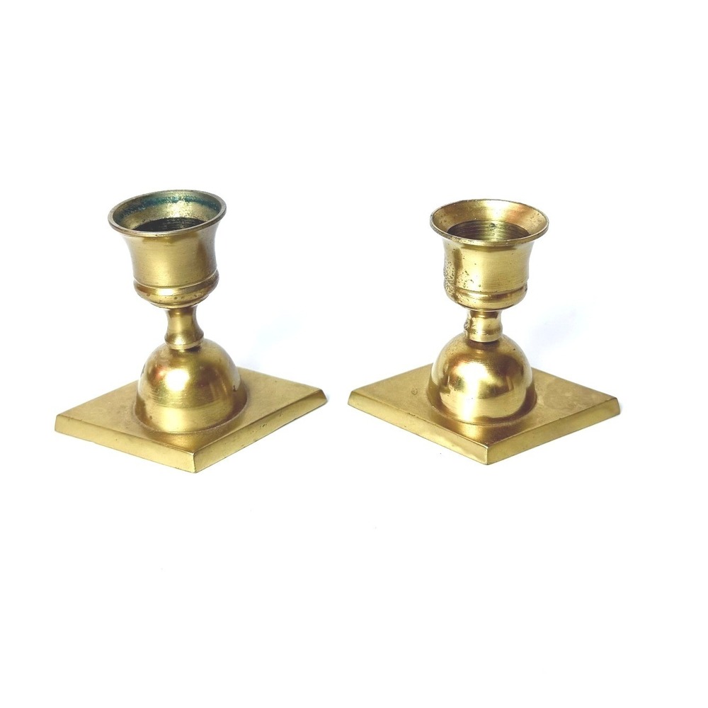 Vintage Brass Candlestick Holders Pair Japan Diamond Plinth‎ Mid Century